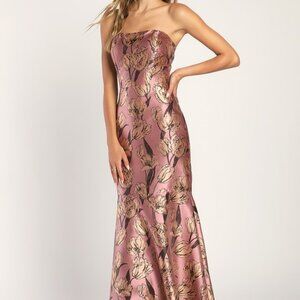 NWT Lulus Gowning Around Mauve Floral Jacquard Strapless Maxi Dress Purple SZ L